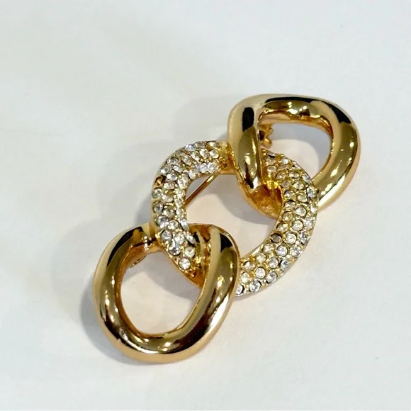 Vintage Christian Dior Triple Loop Rings Gold tone Brooch Rhinestone Pave - Picture 3 of 9